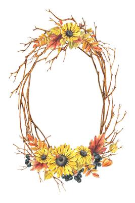 Autumn berries physalis, chokeberry, rowan leaves, maple, birch, rudbeckia flowers, tree branches and ladybugs. Watercolor illustrations. Oval frame wreath isolated from background