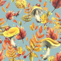 Autumn rowan leaves, maple, birch, russula mushrooms, tree branches and ladybugs. Watercolor illustrations. Seamless pattern on a blue background vector