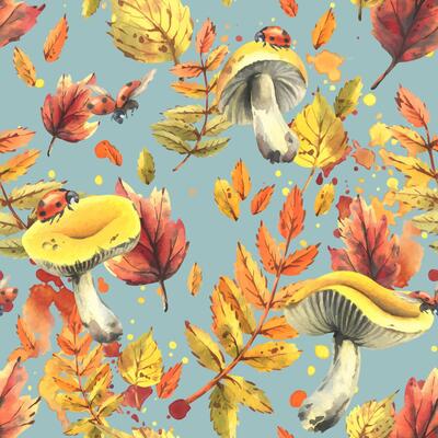 Autumn rowan leaves, maple, birch, russula mushrooms, tree branches and ladybugs. Watercolor illustrations. Seamless pattern on a blue background