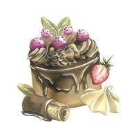 Chocolate cake with icing, waffles, meringue and strawberries. Watercolor illustration hand drawn. Isolated composition on a white background. vector