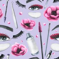 Cosmetics and brushes for eyes and eyebrows, tubes with pink anemone flowers. Watercolor illustration hand drawn. Seamless pattern on a lilac background. For eyelash extension and lamination vector