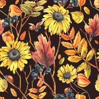 Autumn berries physalis, chokeberry, rowan leaves, maple, birch, rudbeckia flowers tree branches and ladybugs. Watercolor illustrations. Seamless pattern on a dark background vector