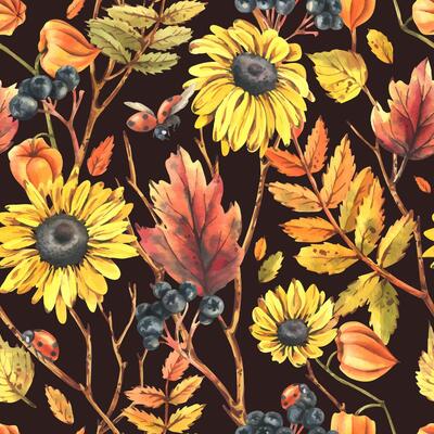 Autumn berries physalis, chokeberry, rowan leaves, maple, birch, rudbeckia flowers tree branches and ladybugs. Watercolor illustrations. Seamless pattern on a dark background