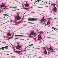 Cosmetics and brushes for eyes and eyebrows, tubes with pink anemone flowers. Watercolor illustration hand drawn. Seamless pattern on a pink background. For eyelash extension and lamination. vector