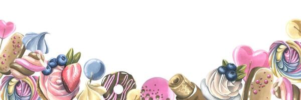 Horizontal board with cakes, lollipops, sweets, berries. Watercolor illustration. A frame made of a large set of SWEETS. For registration and design of certificates, invitations, confectionery, menus. vector