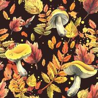 Autumn rowan leaves, maple, birch, russula mushrooms, tree branches and ladybugs. Watercolor illustrations. Seamless pattern on a dark background vector