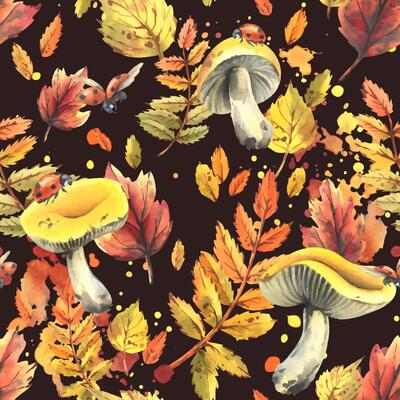 Autumn rowan leaves, maple, birch, russula mushrooms, tree branches and ladybugs. Watercolor illustrations. Seamless pattern on a dark background