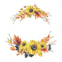 Autumn berries physalis, chokeberry, rowan leaves, maple, birch, rudbeckia flowers, tree branches and ladybugs. Watercolor illustrations. Round frame wreath isolated from background vector