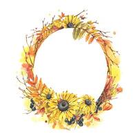 Autumn berries physalis, chokeberry, rowan leaves, maple, birch, rudbeckia flowers, tree branches and ladybugs. Watercolor illustrations. Round frame wreath isolated from background vector