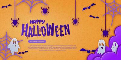 Happy Halloween banner in paper cut style. Colorful poster with cute ghosts, clouds, spiders and bats. Background with doodle pattern. Design template for promo, advertising, social media, web. vector