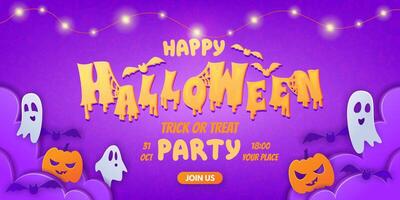 Halloween party invitation web banner. Colorful poster in paper cut style, with cute pumpkins, ghosts and bats. Background with doodle pattern and bright garland. Promotion flyer, template, brochure. vector