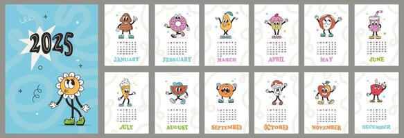 Vertical groovy calendar 2025 design. Funny retro characters. Week starts on Sunday. 12 month planner template. illustration vintage style vector