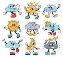 Set of groovy vintage characters of different weather and natural phenomena. Cloud, star, sun, rain, snow, wind, moon. Retro style illustration vector