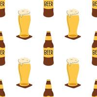 Hand drawn beer seamless pattern. Bottles and glasses with foam in doodle style. Simple and clean design. Ideal for bar menus, brewery branding, and Oktoberfest promotions. vector