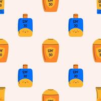 Sunscreen seamless pattern. Various SPF levels on a cream tubes. Sunblock, skin protection and UV rays blocking. Perfect for summer-themed projects, young products, and beach-related designs. vector