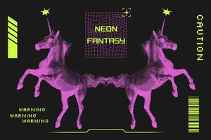 Neon Fantasy Y2K anti-design. Mirrored unicorns in brutal photocopy effect. Acid halftone bitmap texture.Ideal for digital art, edgy fashion, and retro-futuristic collages. vector