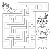 Thanksgiving maze game for kids. Indian man looking for a way to the cornucopia. Printable worksheet with solution for school and preschool. vector