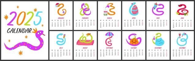Cute calendar 2025. 12 months with 12 cartoon snakes. For size A4, A5, A3. vector