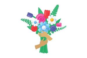 Hands holding bunch of summertime flowers in solid cartoon style vector