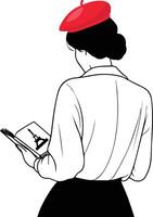 French woman reading book with Eiffel tower in line art style vector