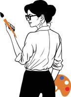French woman drawing art with brush in line art style vector