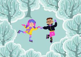 Happy children skating in the snowy park. flat illustration. vector