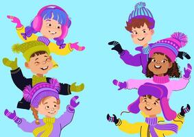 Group of cute children dressed in warm costumes. illustration. vector