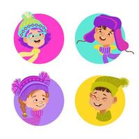Set of happy cartoon children. Winter portrait avatars. illustration. vector