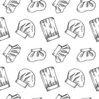 Chef hat sketch seamless pattern. Hand drawn repeating background with different types of chefs hats for design, logo, label, card, print, icon, paper. Symbol for cooking, restaurant, bakery vector
