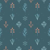 Repeating boho background with winter plants snowflakes, flower and snow. Seamless pattern with wintering nature, floral motif for New Year. Design for wrapping, card, flyer, template, print, paper vector
