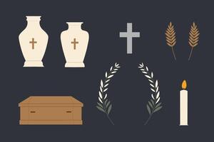 Hand drawn set for Funeral service. Illustration for design with funeral attributes, flowers, leafs, branches, coffin, urn for ashes and cremation, cross, candle. Symbols of condolence of dead vector