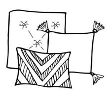 Stack of cushion. Doodle home bedroom pillows. Cozy hand drawn bedding lay in stack. Interior comfortable elements. textile sleeping accessories. Isolated on white background. vector