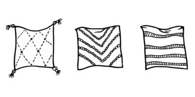 Stack of cushion. Doodle home bedroom pillows. Cozy hand drawn bedding lay in stack. Interior comfortable elements. textile sleeping accessories. Isolated on white background. vector