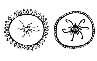 Set of round decorative cushion. Doodle home bedroom pillows. Cozy hand drawn bedding lay in stack. Interior comfortable elements. textile sleeping accessories. Isolated on white background. vector