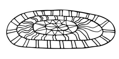 Cute hand drawn round rug with ornament on white background. Element of the cozy home interior. Simple doodle clipart in a trendy minimalism style. illustration. Floor carpet with stripes. vector