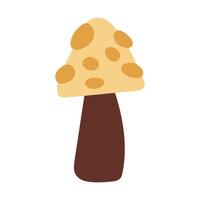 Hand draw brown autumn yellow fly agaric mushroom with yellow dots isolated on a white background.Single illustration in doodle flat style. Clipart cozy illustrations for print, packaging. vector