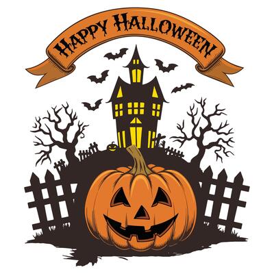 Halloween Haunted House Scene with Pumpkin, bats and Trees for Design and t shirt logo