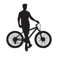 Silhouette of a bicycle with its rider standing beside it on a white background vector