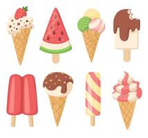 Ice cream collection. Cones, fruit ice and other. Set on white background. vector