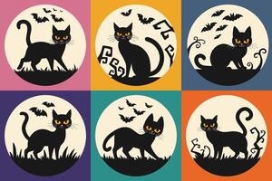 Halloween retro set of black cats and bats on the background of the moon. Vintage set of square Halloween compositions with silhouettes of black cats. vector