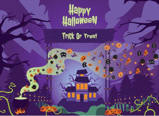 Fun Halloween banner or party invitation background with foggy clouds, haunted house, dried trees and pumpkins
