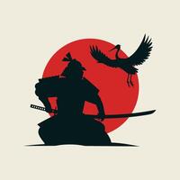 A silhouette of a samurai with a sword and crane vector