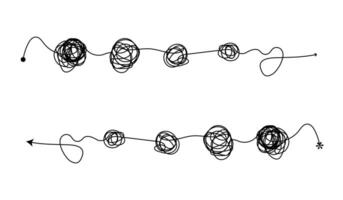 Problem solving and business solution chaos simplifying chaotically tangled line drawing. Complex and easy simple way from start to end scribble chaos lines illustration. vector