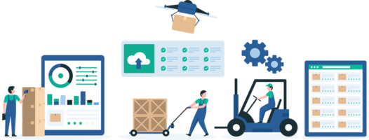 Warehouse Workers Efficiently Handling Inventory Using Advanced Technology and Tools. Modern Logistics Solutions with Automated Systems. Illustration png