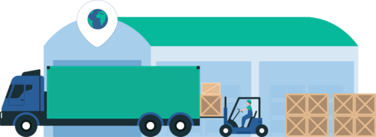 Forklift Loading Pallets into a Bus at a Distribution Center. Efficient Material Handling for Logistics, Supply Chain, and Distribution Operations with Pallet Transportation. Illustration png