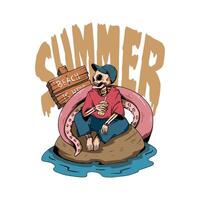 A skeleton chilling out on a beach while holding a cup of water, and there is a tentacle of giant octopus on the background vector