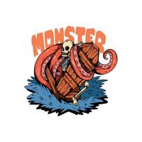 a skeleton trying to get out of a coffin while being wrapped by the tentacles of a giant octopus on the sea vector