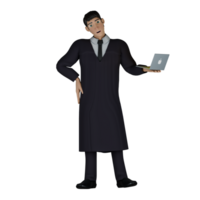 Professional 3D Male Judge. A male judge stands with his right hand on his waist while his left hand is slightly stretched while carrying a laptop. Legal Character png