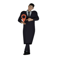 3D Male Judge in Courthouse. A male judge is standing, pointing with his left hand to the location icon he is holding in his right hand. Professional Character png