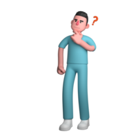 Professional Male Nurse 3D Art. A male nurse is standing with his left index finger on his chin and beside his head there is a question mark symbol, as if he is confused thinking about something. png